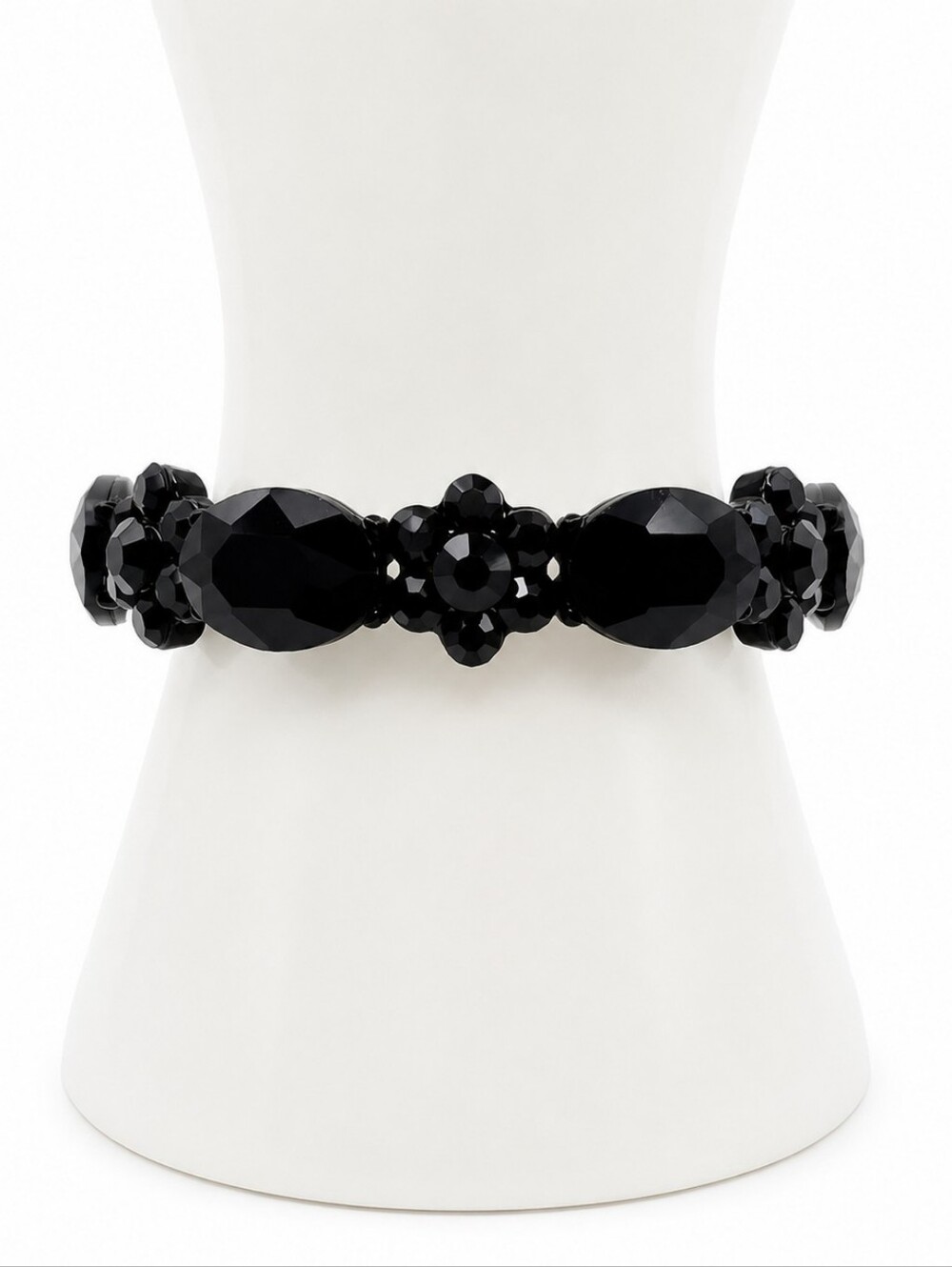 💎 Black Faceted Crystal Stretch Bracelet Jet Bead Floral Statement Bracelet